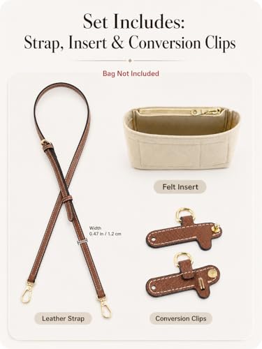 Image of Purse Organizer Insert & Leather Strap Conversion Kit Set, Compatible with Longchamp Le Pliage Mini Bag - Felt Inner Liner & Adjustable Shoulder Strap, Beige