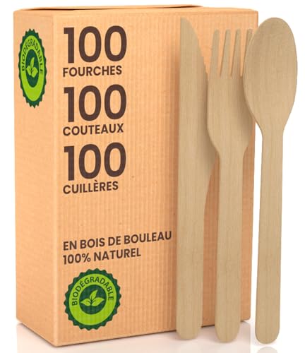 Baciato Caffè - Ensemble de Couverts en Bois Jetables | 300 Pièces (100 Fourchettes, 100 Cuillères, 100 Couteaux) | Biodégradable Compostable | Idéal pour Les fêtes, Pique-niques et Événements