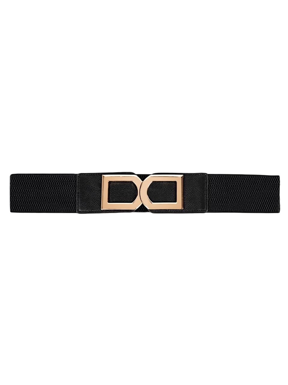 Women's Elastic Stretch Belt, Black with Gold Oval Ring Buckle, Wide Waist Cinch, One Size