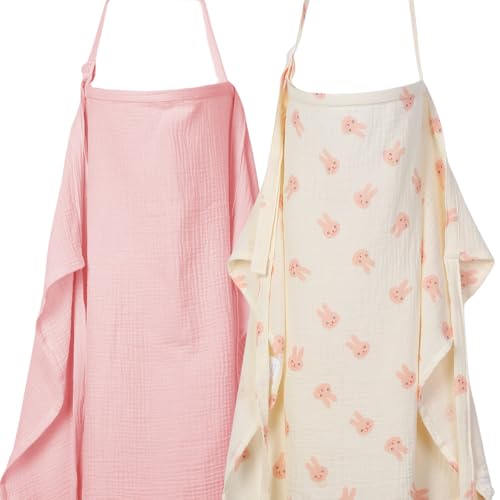 Image of ANYEDDE 2-Pack Nursing Covers for Breastfeeding - Lightweight, Breathable Baby Breastfeeding Covers with Arch Neckline & Adjustable Straps, Pink & Bunny Design, Muslin Privacy Nursing Cover for Women