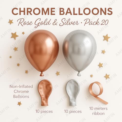 AMFIN (Pack of 20) 10 inch Metallic Chrome Balloons. Birthday, Anniversary Decoration Items - Rose Gold, Silver - Image 3