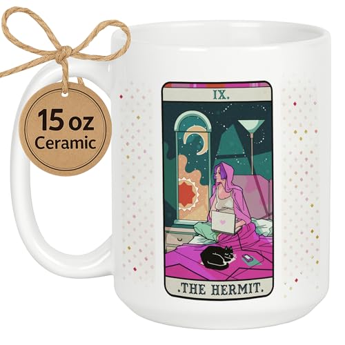 LookHUMAN Tarot Card Ceramic Coffee Mug - Modern Hermit Card Tarot Mug & Cute Coffee Cups, Funny Coffee Mug & Cool Coffee Cup as Gift for Tarot Lovers & Tarot Decor, Novelty Coffee Mugs, 15oz