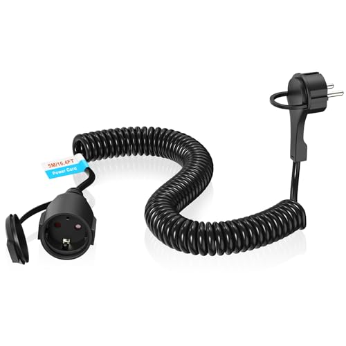 HITRENDS Cavo di prolunga Schuko, contatto di protezione, cavo a spirale estensibile da 1,05 m fino a 5 m Max, cavo di prolunga IP20 (230 V/16 A), 3 x 1,0 mm² con spina Schuko extra piatta e frizione