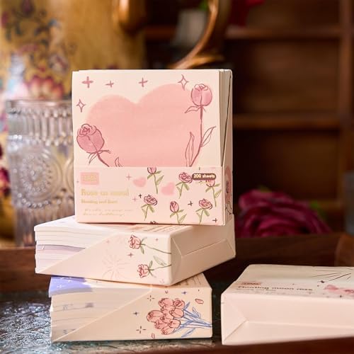 Image of Sticky Notes Set, Multicolour, Over 200 Rectangular Self-Stick Memo Pads with Delicate Heart, Rose & Butterfly Designs for Journaling, Office, Creative Projects (Pack-1)(Multi Color)
