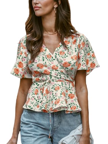 SheShy Women's V Neck Short Sleeve Peplum Top - Loose Fitting Ruffle Hem Casual Shirt, Sizes S-XXL