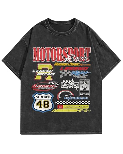 BAPHITY Graphic Tees Men Motorsport Racing Acid Washed Cotton Short Sleeve Vintage Oversized Streetwear Summer Tshirt Tops Black M