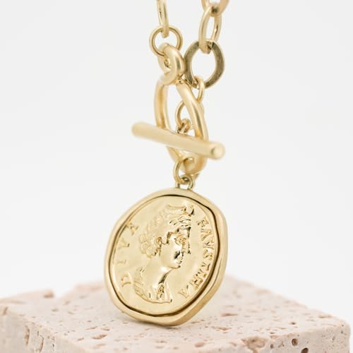 Chunky Gold Coin Pendant Necklace Trendy Layered Statement Chain for Women, Antique Toggle Design with Thick Link, Fashionable Necklaces for Women4