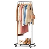 KIMBORA Small Clothing Rack with Wheels, Portable Clothes Racks for Hanging Clothes, 56' Metal Rolling Garment Rack for Coats, Jackets, and Shirts, Black