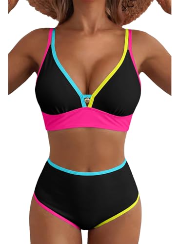 Herseas Women's 2 Piece High Rise Black Bikini Sets Plus Size Deep V Neck Adjustable Strap Beach Swim Suits 2026 Teen Girls Bathing Suit Casual Resort Wear Black and Pink Contrast XX-Large