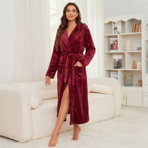 Image of Womens Long Hooded Fleece Robe, Soft Warm Spa Bathrobe for Cozy Lightweight Loungewear