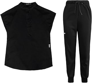 niaahinn Scrub Suit for Women Scrub Top & Jogger Scrub Pant with Pocket Medical Professionals Uniforms Set (Black,M,Medium)