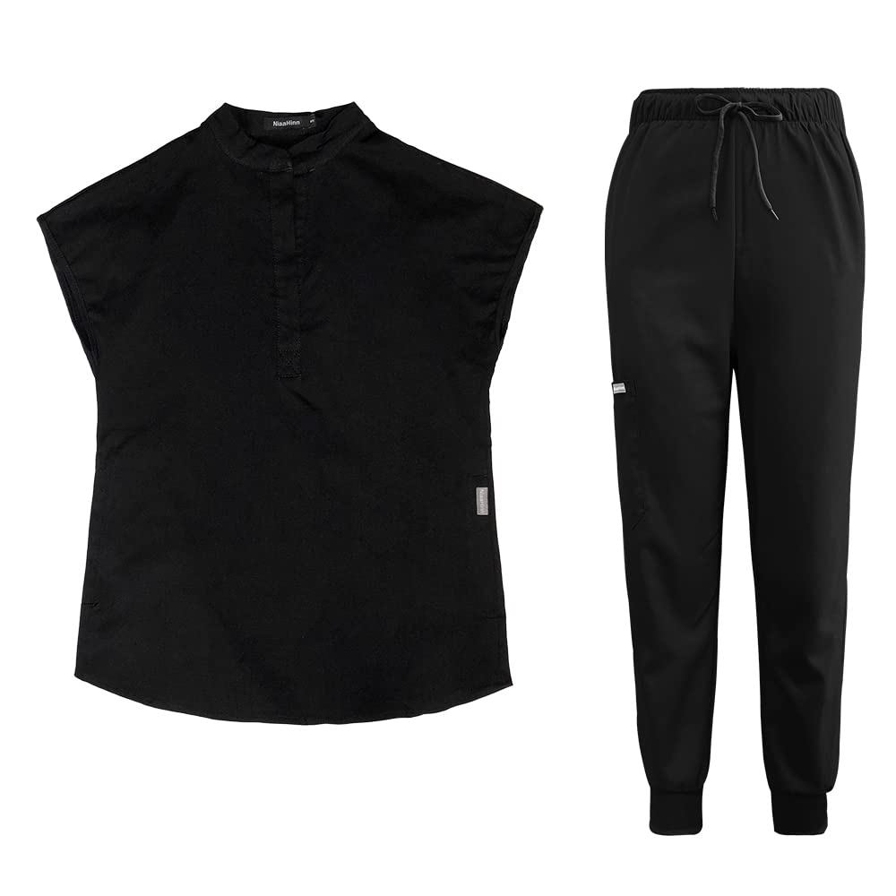 niaahinn Hospital Scrubs for Women Modern Unsex V-Neck Scrub Top & Cargo Scrub Pants Multiple Colour Jogger Suit Scrubs (Black,L,Large)