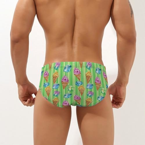 Ice Cream Green Stripes Printed Swim Briefs for Men Sexy Bikini Swimwear Elastic Beach Trunks Bathing Suit3