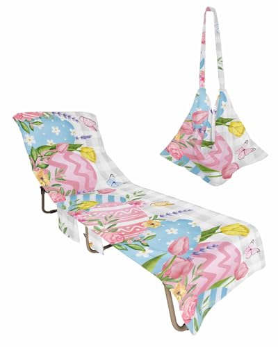 Spring Easter Eggs Beach Chair Towel Covers for Chaise Lounge with Side Pocket, Soft Plush Pool Towels Cover for Patio Sunbathing Outdoor 29''x85'' Tulip Leaves Buffalo Plaid Check