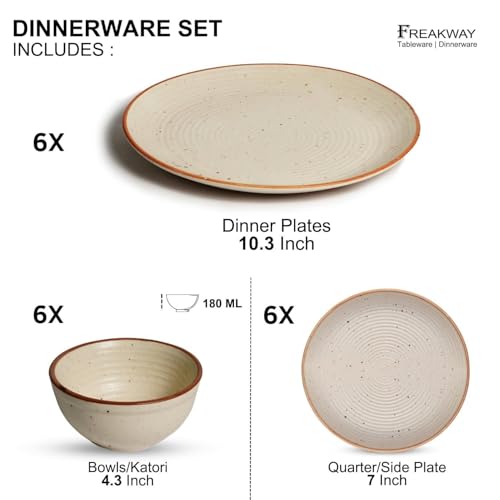 Image of KITDECO Ceramic Dinner Set 18 Pieces | Stoneware Dinnerware with 6 Dinner Plates, 6 Quarter Plates & 6 Bowls | Rustic Speckled Design, Ivory with Brown Rim
