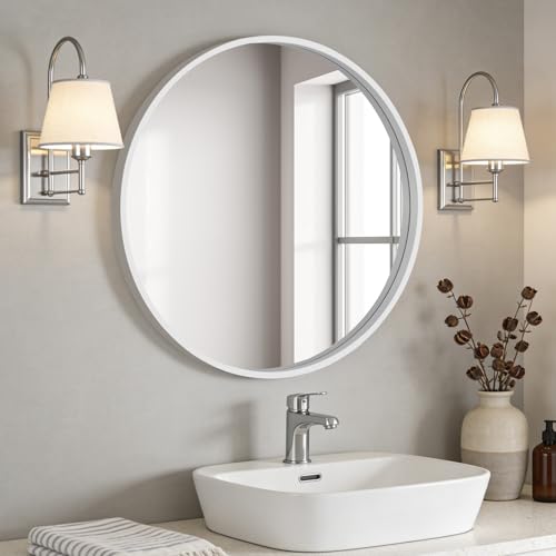 Image of WallBeyond Round Wood Mirror 28 inch Circle Wall Mirror for Bathroom Round Wall Mirror for Wall Decor, Vanity, Entryway Living Room (White)