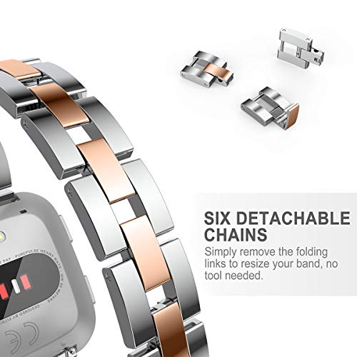 Toyouths Bling Bracelet Compatible With Fitbit Versa/Versa 2 Bands For Women Stainless Steel Wristbands Replacement Versa Lite Edition/Versa Se Accessories Dressy Metal Strap Silver+Dark Rose Gold #TOP3
