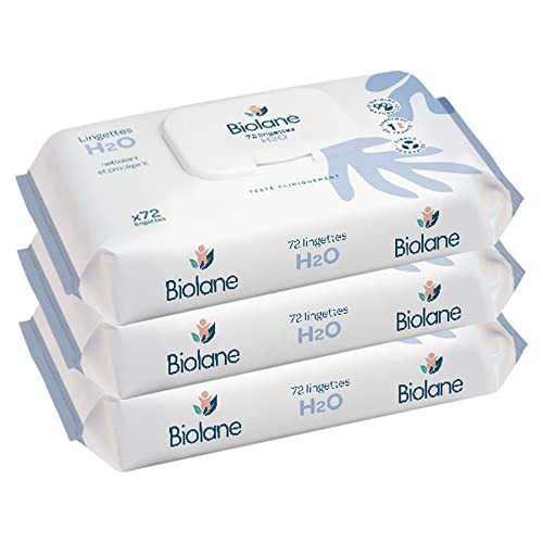 BIOLANE - Toallitas limpiadoras H2O con agua - Bebé - Juego de 3 x 72 (216 toallitas) - Piel sensible - Limpia y protege - Cuerpo y asiento - Sin aclarado - Desde el nacimiento - Fabricado en Francia