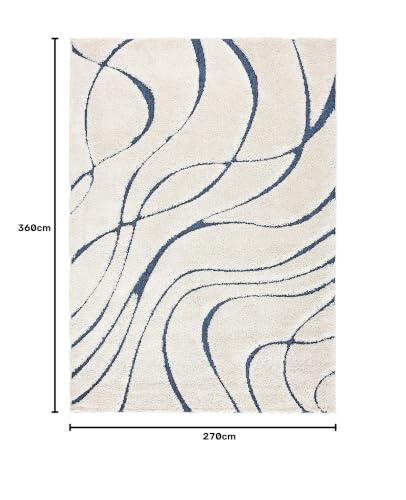 Image of Geometric Wave Shaggy Carpet for Living Room, Bedroom, High Low Design Finish Microfiber 1.8 Inch Pile High, 9x12 Feet Ivory|Blue Color