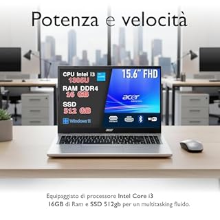acer Aspire Go 15 Pc Portatile i3-1305U, 16GB RAM DDR4, 512GB SSD NVMe, Notebook, Computer Portatile Display 15,6" FHD, 2x USB-C, HDMI, Wi-Fi 6, BT 5.2, W11, Laptop Perfetto per Studio, Ufficio e Casa