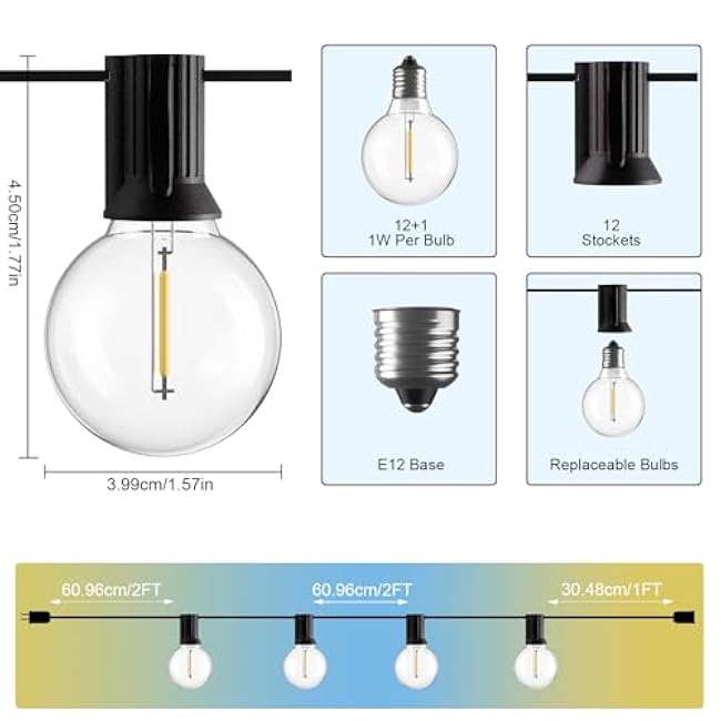 Bomcosy Outdoor String Lights,25 FT LED String Lights for Outside with Shatterproof Dimmable 12+1 Bulbs,Waterproof Connectable Outdoor Lights for Deck,Garden,Backyard,Balcony,Porch,Patio