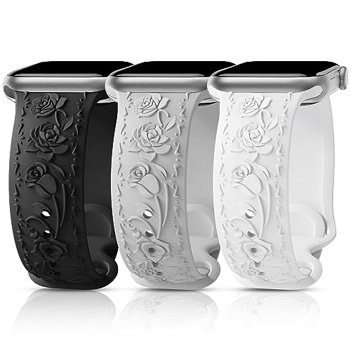 3 Packs Floral Engraved Bands Compatible with Apple Watch Band 40 44 38 42 41 45 49mm, Embossed Rose Strap for iWatch Series 9 8 7 SE 6 5 4 3 2,38Bwg
