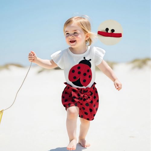 Tempura 3 6 9 12 18M Baby Girl Bee Ladybug Embroidery Round Neck Romper Top Shorts Headband 3Pcs Clothes Set4