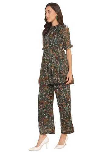 Image of Janasya Women's Green Chiffon Lurex Floral Printed Co-ord Set