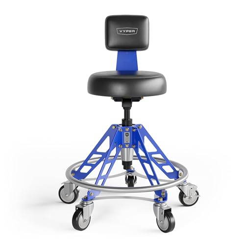 Vyper Elevated Steel Max EZ-Lift Shop Chair with Backrest Rolling Stool for Workbench Height 400 lb Capacity Industrial Casters Adjustable Ergonomic Mechanic Seat - 24 - 29.5 Blue Legs