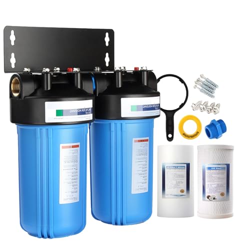 Sistema filtración agua para toda la casa 1 micrón y dos etapas (con algodón PP y filtro partículas), carcasa universal 25,4 x 11,4 cm, interfaz NPT 25,4 cm, agua municipal