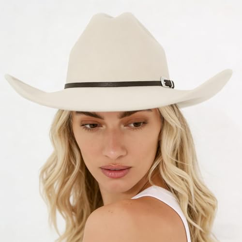 Image of DRESHOW Cowboy Hat for Women and Men Classic Felt Western Hat for Cowboys Cowgirls Wide Brim Belt Buckle Retro Fedora Hats