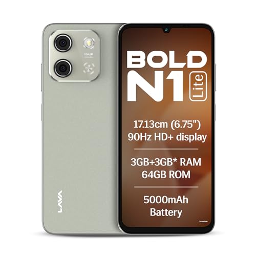 Lava Bold N1 Lite (Crystal Gold, 3 GB RAM, 64 GB Storage) | 6.75' HD+ Display | 13MP AI Dual Rear Camera | 5000 mAh Battery | Secure Face Unlock | Fingerprint Reader | Charger & Phone-Cover in Box
