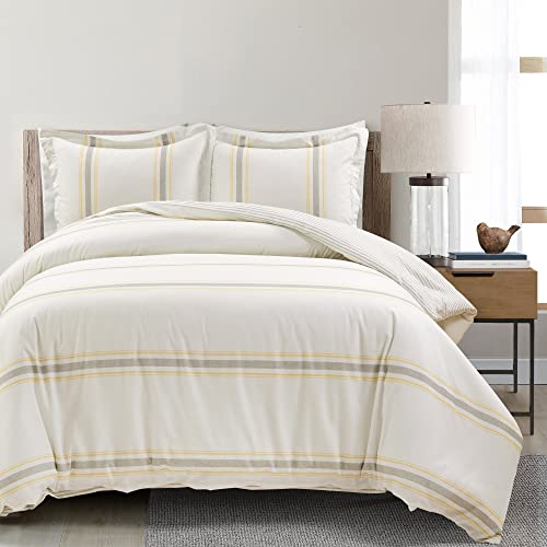 Image of Lush Decor Farmhouse Stripe Reversible Cotton Duvet Cover Set, 3 Piece Set, King, Yellow & Black - Bedding Set - Striped Duvet Cover King Size - Farmhouse Decor
