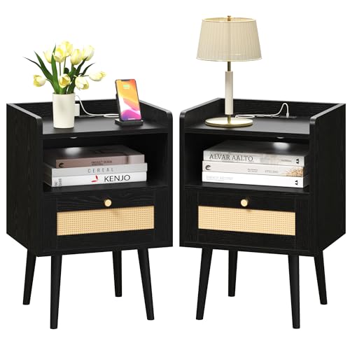 Image of MECHYIN Night Stand Set 2, Nightstands Set of 2 with Charging Station, Rattan Side Tables with Solid Wood Legs, Boho Bedside End Table for Apartment Bedroom Dorm Small Space
