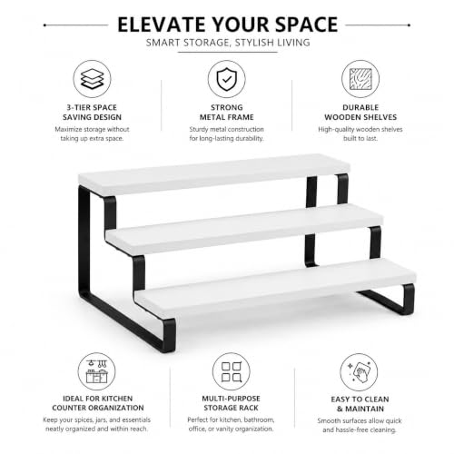 Image of 3 Tier Wooden Spice Rack, White, 35 x 24 x 15 cm