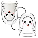 Honeydak Ghost Halloween Mug, 10 oz Double Walled Coffee Mugs with Handle, Heat Resistant Mugs for Hot Cocoa and Latte for Halloween Party Supplies(White,Cartoon Style)