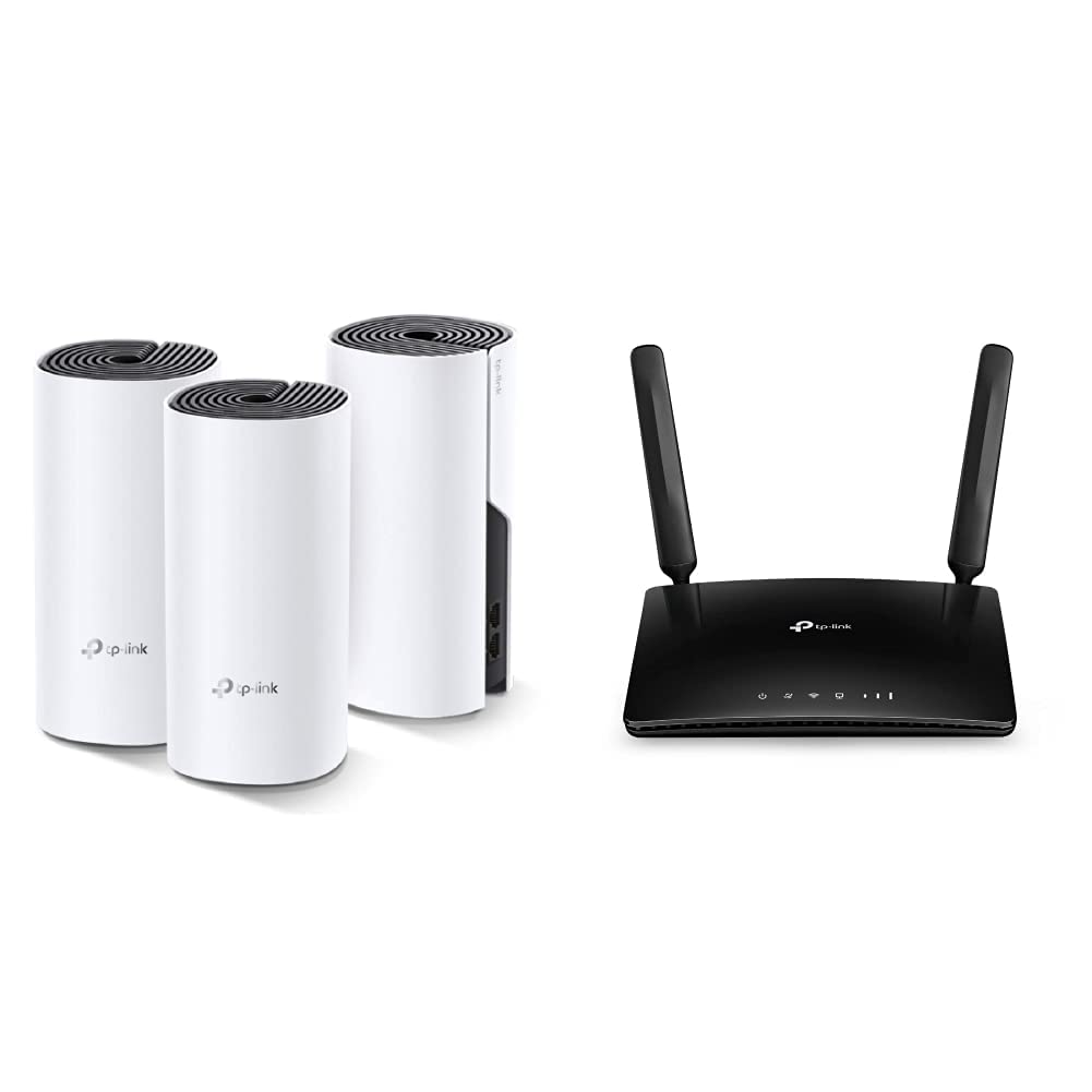 TP-Link Deco M4 Mesh WLAN Set (3er Pack), AC1200 Dual Band Router & Repeater (Reichweite bis zu 370m², 6X Gigabit Ports) weiß & TL-MR6400 WLAN Cat4 + N300 Mbps 4G LTE Router, schwarz, Version 5