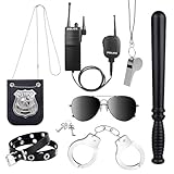SHTALHST 8 Stück Polizei Kostüm Zubehör, Polizei Kostüm Accessoires mit Walkie Talkies Handschellen Abzeichen Baton Pfeife Brillen Gürtel, Passend für Karneval Cosplay Party Kostüm Dress Up