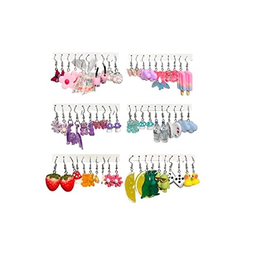 GIFIKOI 30 Pairs Weird Cute Funny Earrings Gummy Bear Duck Mushroom Flowers Drop Dangle Earrings for Women Girls Aesthetic Earrings Food Animal Earrings Bulk