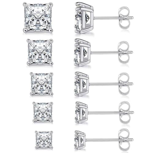 MDFUN 5 Pairs 316L Stainless Steel Earrings Set 3-7MM Hypoallergenic Princess Cut Cubic Zirconia Square Stud Earring Jewelry for Women and Men