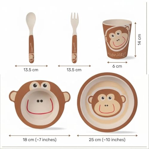 Image of Bamboo Kids Feeding Set of 5 |Kids Crockery Set Tableware |Baby Utensils and Dishes Set | Eco-Friendly |Organic & Natural. (Mighty Monkey)