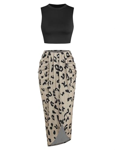 Image of ZAFUL Women's Casual Sleeveless Summer Two Piece Outfits Crop Top and Side Split Draped Ruched Maxi Skirt Set Solid Suiting
