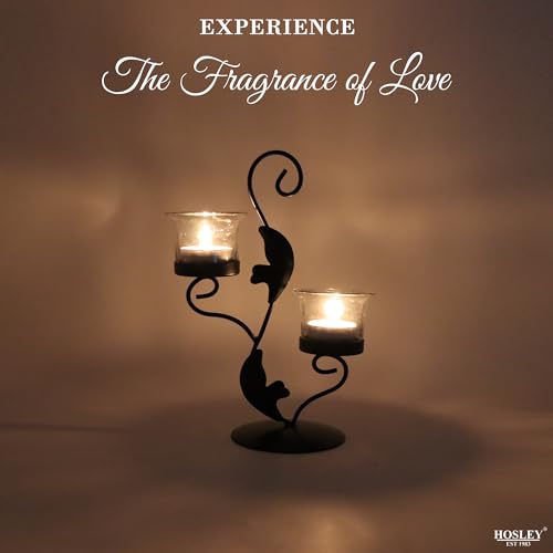 Image of Hosley Clear Glass Tealight Candle Holders|Black Tealight Candle Holders with Glass Holders Perfect for Home Decor, Birthday, Wedding, Parties,Tabletop,Centerpiece| 2-Cup Centrepiece, with Pack of 2 Tealights