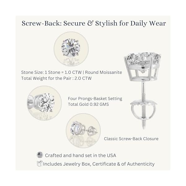 14K Solid Gold Lab Grown Moissanite Round 4-Prong Stud Earrings for Women | White & Yellow Gold | Push Back & Screw Back | Hypoallergenic | Made in USA | Gift for Her | By Adora Fine Jewelry - Image 5