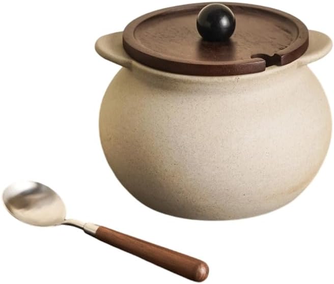 Stoneware Spice Container with Spoon Big Size Versatile for Kitchen Use Natural Clay Materials Sealed Design