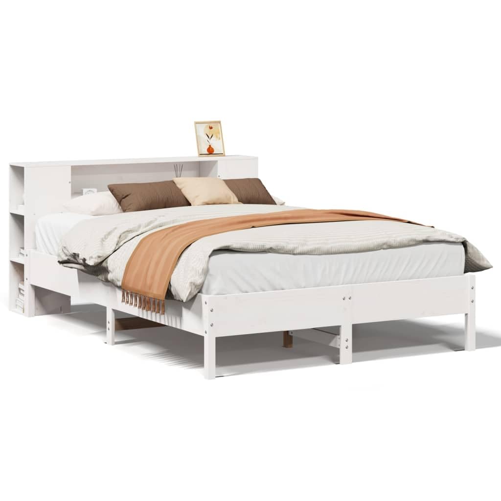 Homgoday Bett mit Regal ohne Matratze, Massivholz, weiß, 150 x 200 cm, mit Stauraum für Kinder, Jugendliche und Erwachsene, Weiß