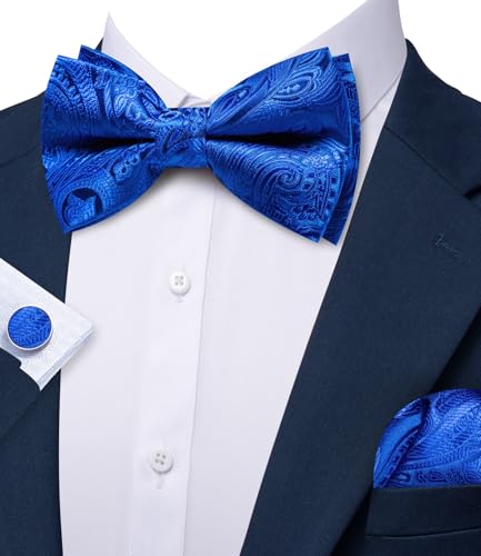 Image of Barry.Wang Paisley Striped Bow Tie for Men Silk Pre-Tied Bowtie Pocket Square Cufflinks Set Formal Wedding Party Prom