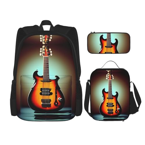 DRTGEDS Guitar Bass Music Musical Instrument Backpack 3 In 1 Set Casual Backpack With Lunch Box Pencil Bag Water Resistant