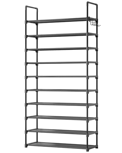 Kitsure Shoe Rack for Closet - 10-Tier Shoe Organizer with Hook Rack, Large-Capacity & Space-Saving Shoe Shelf for Entryway, Bedroom, Living Room,32.2' x 11.8' x 68.5', Black