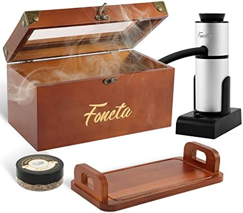Foneta Cocktail Smoker Kit with Smoking Gun, Whiskey Smoker Kit for Old Fashioned Cocktail Smoker Kit Includes Handcrafted Wooden Box & Tray, Drink Food Smoker Gun and Wood Chips for Cocktail Drinks, Whiskey, Bourbon,Food Cooking